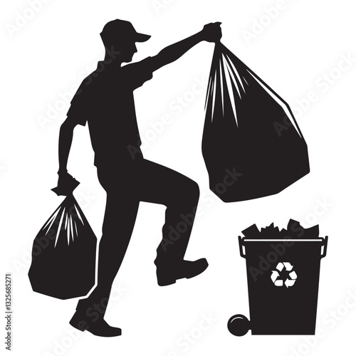 Silhouette Illustration of a Sanitation Worker Collecting Trash