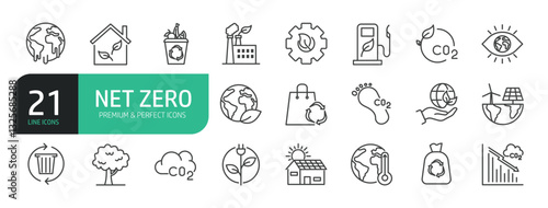 Set Of Net Zero Line Icons. Set contains such icons as Ecology, Carbon Emissions, Renewable Energy Sources, Carbon Offsetting, Green Technologies, co2, Carbon Reduction, and Eco-Friendly Practices.