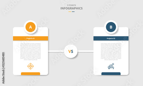 2 points comparison versus for infographic with vertical round box with circle badge on top with white background drop shadow with two point list information