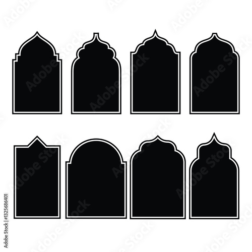 Islamic shape of windows or door arch. Arab frame set. Ramadan Kareem silhouette icons, Vector 10 eps.