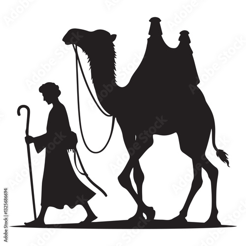 Silhouette of Caravan with Camel and Traveler Journey Through Desert