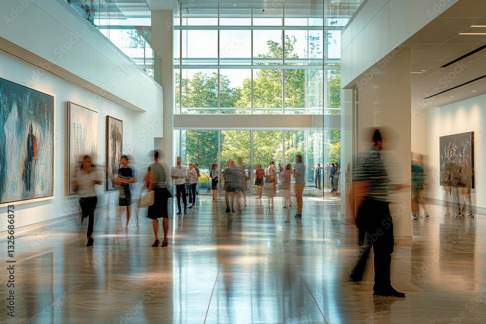 Fototapeta premium Visitors explore modern art exhibits in a spacious gallery during a sunny afternoon in a contemporary art museum