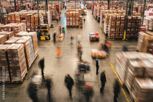 Warehouse bustling with activity as workers move pallets and goods efficiently throughout the large storage area