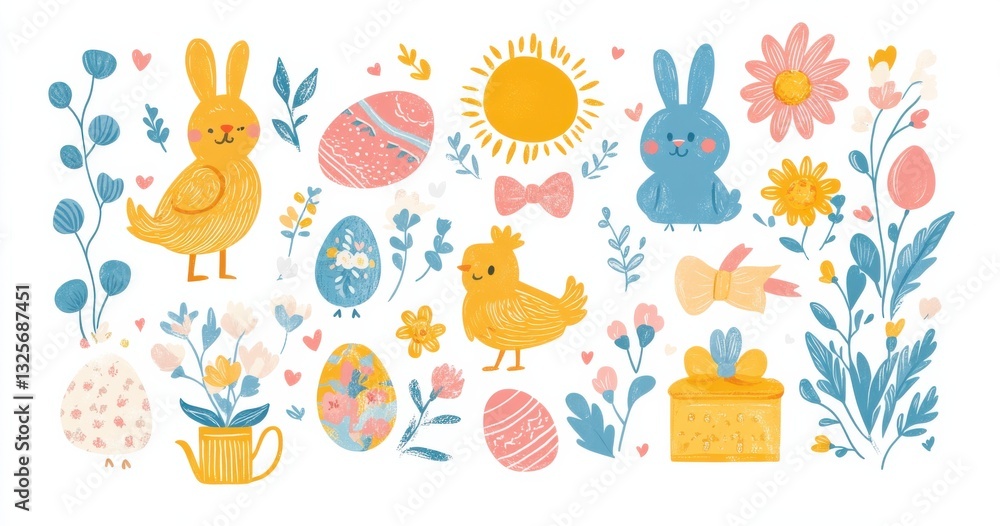 Fototapeta premium Colorful Easter graphic with bunnies, eggs, and spring flowers design