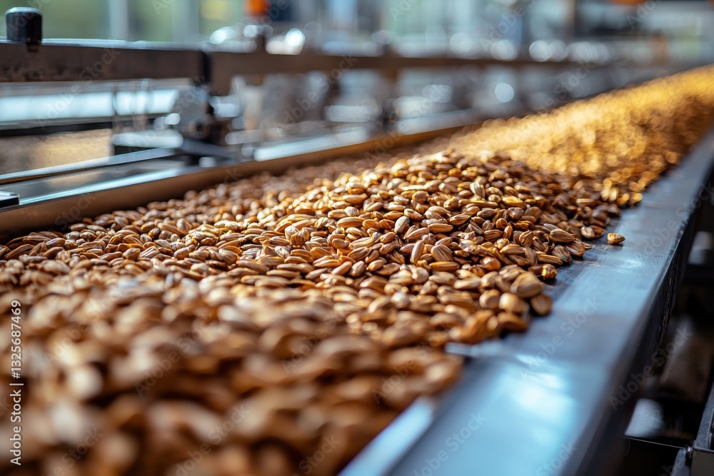 Fototapeta premium Sustainable coffee processing facility showcases freshly harvested coffee beans in a state-of-the-art production line