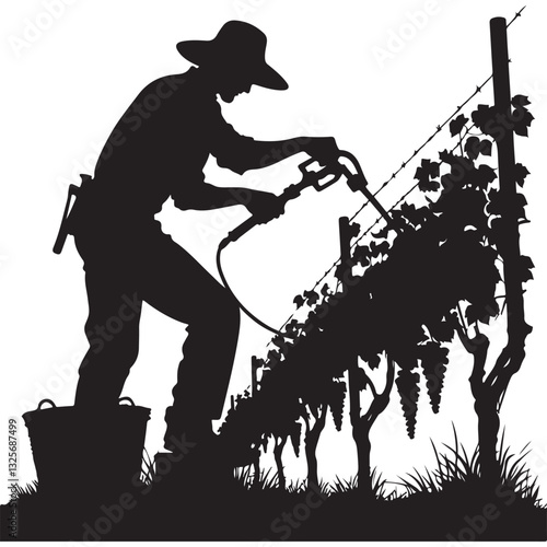 Vineyard Worker Silhouette Spraying Grapes Illustration for Agricultural Business