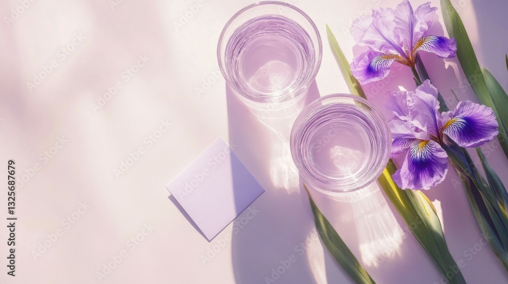 Two glasse with water and card note with iris flowers on pastel lilac background. Summer refreshment concept. Sunlit flat lay. Minimal style. Top view Two glasse with water and card note with iris flowers on pastel lilac background. Summer refreshment concept. Sunlit flat lay. Minimal style. Top view
