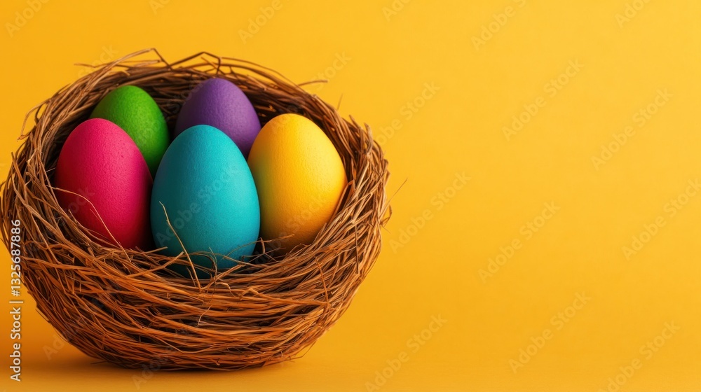 Five Colorful Eggs Nestled in a Woven Basket Displayed on Yellow Background Five Colorful Eggs Nestled in a Woven Basket Displayed on Yellow Background