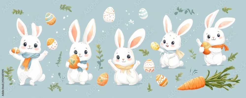 Naklejka premium Adorable cartoon Easter bunnies with colorful eggs and festive decor