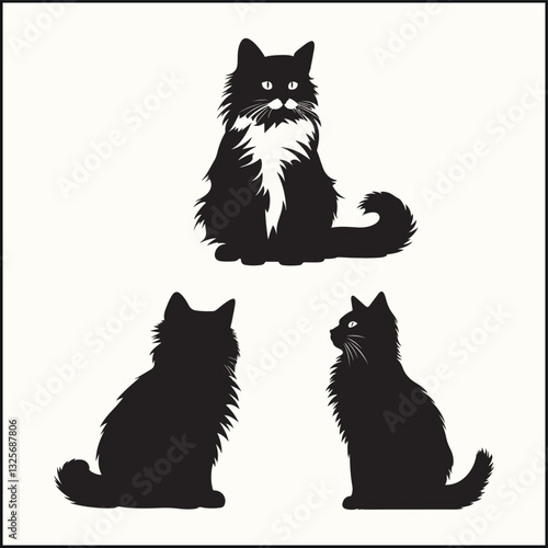Silhouette of a Ragdoll, Fluffy Cat, set of cats