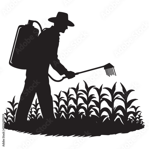 Silhouette Farmer Spraying Pesticides on Cornfield Crop Illustration Vector