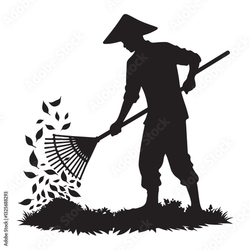 Silhouette of Asian Farmer Raking Leaves a Timeless Agricultural Image