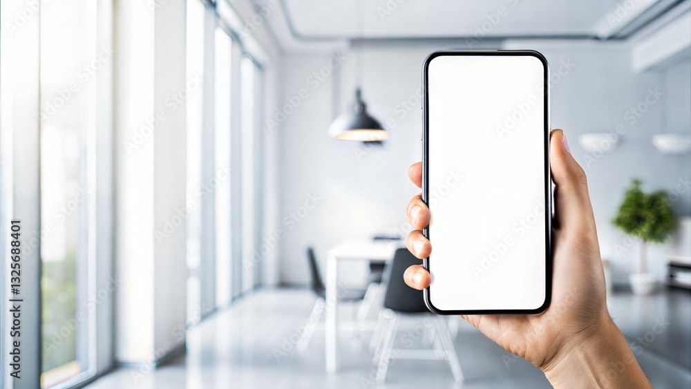 hand hold phone mock up screen office context daytime soft lighting hand hold phone mock up screen office context daytime soft lighting