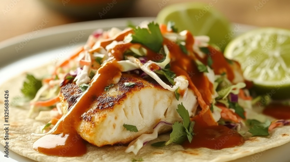 Fish taco on a tortilla topped with slaw, lime, and sauce Fish taco on a tortilla topped with slaw, lime, and sauce