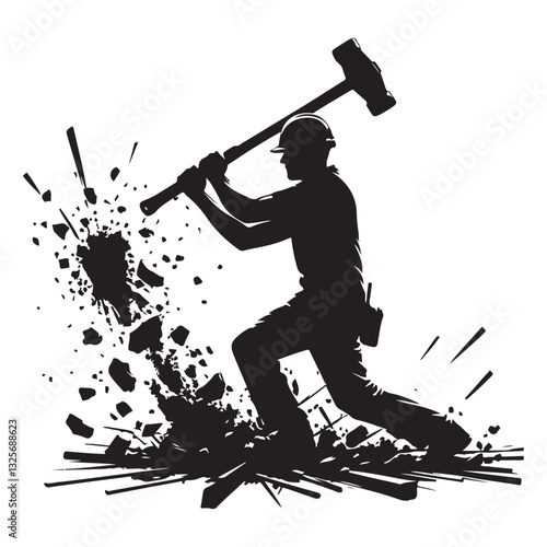 Powerful Demolition Silhouette Vector Art of Construction Worker