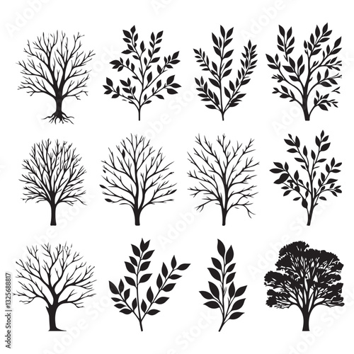 Set of Black Tree Silhouette Illustrations for Nature Themed Projects