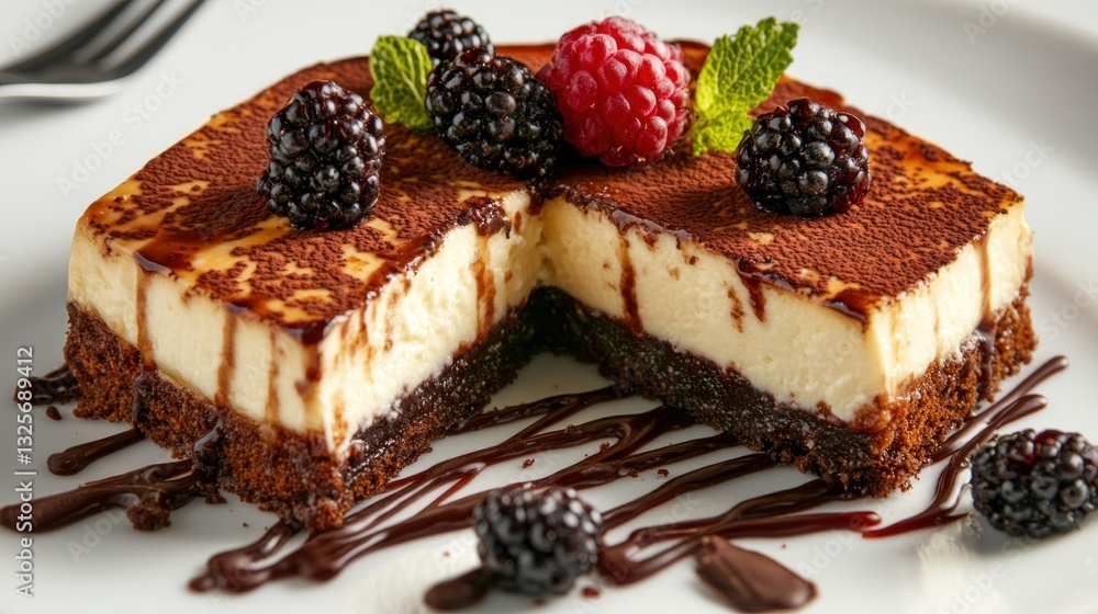 A delicious tiramisu cake adorned with berries and mint leaves