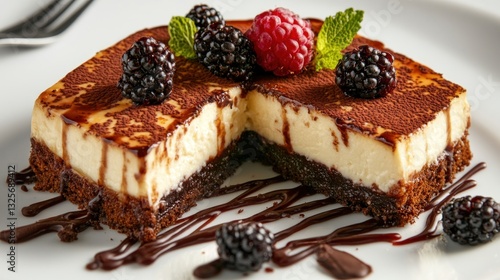 Obraz na płótnie A delicious tiramisu cake adorned with berries and mint leaves w salonie