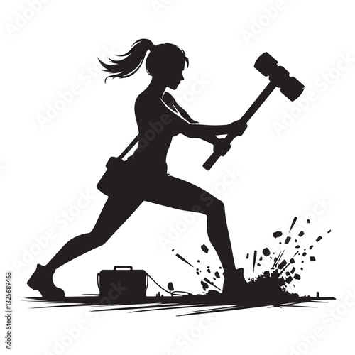 Dynamic Silhouette Woman Demolishing with Sledgehammer Construction Concept Illustration