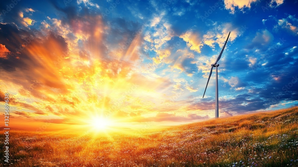 Obraz premium Wind turbine on a grassy hill under a beautiful, colorful sunrise sky