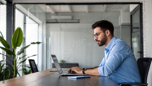 Happy young European businessman entrepreneur work professional worker digital device sit office data