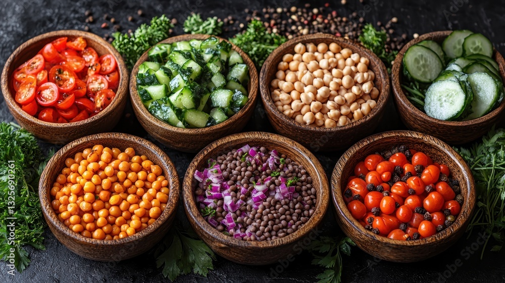 Assorted bowls of healthy salad ingredients. Assorted bowls of healthy salad ingredients.