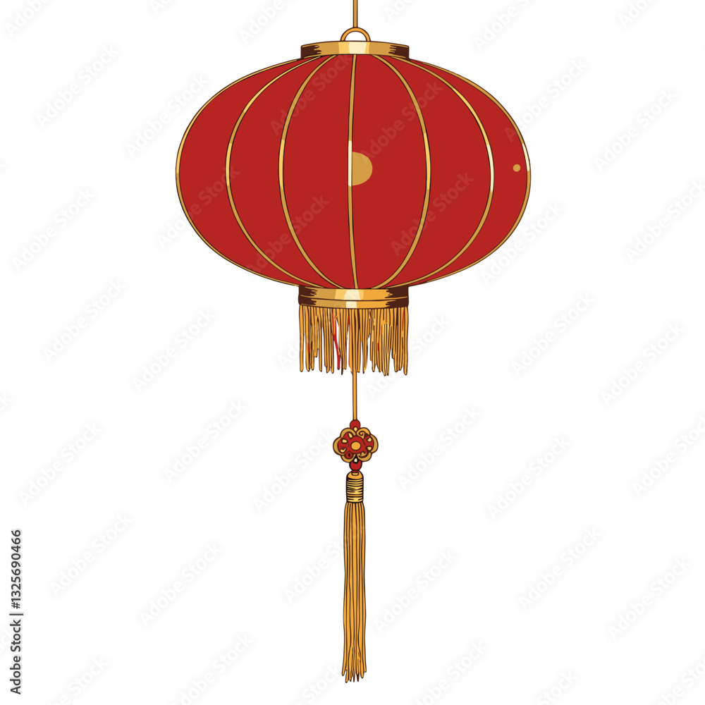 Obraz premium Radiant Red Lantern: A vibrant, detailed depiction of a traditional red lantern, symbolizing luck and prosperity. The lantern is adorned with intricate gold accents and a decorative tassel.