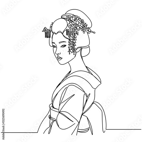 Artistic Geisha Line Drawing: A minimalist line drawing portrays an elegant geisha in traditional attire, capturing her refined beauty and cultural significance.
