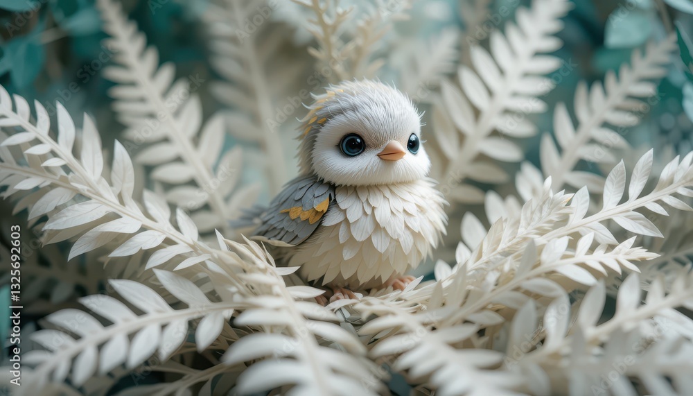 Obraz premium Adorable Fluffy Baby Bird Nestled in White Fern Leaves Digital Art