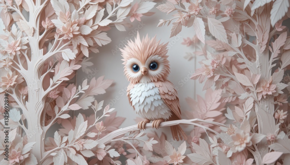 Fototapeta premium Adorable Paper Owl Perched on Branch Amidst Delicate Paper Flowers and Trees