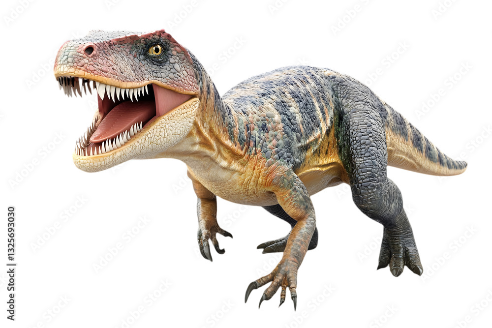Obraz premium Allosaurus Dinosaur Model Isolated on Transparent Background Prehistoric Reptile with Open Mouth and Sharp Teeth Carnivorous Creature Ready To Pounce