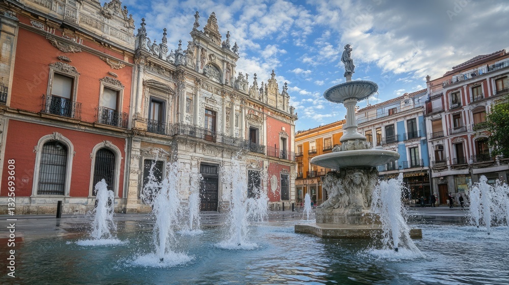 Naklejka premium Historic Cavalry Academy Building Overlooking Fountain on Zorilla Square in Valladolid, Spain: A Touristic Gem of the Old City