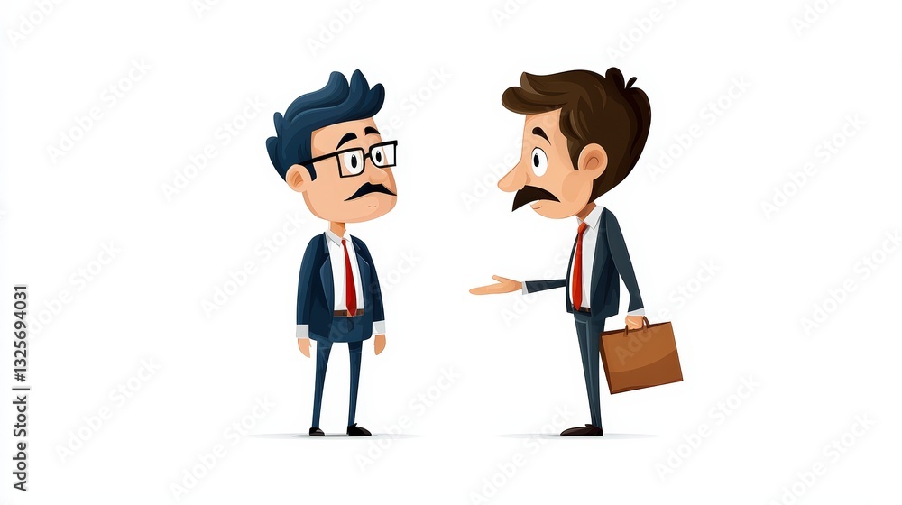 Two cartoon businessmen engaged in a conversation, dressed in suits and ties, showcasing teamwork and professionalism.
