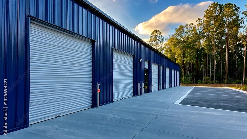Modern industrial building with multiple white roll-up doors Modern industrial building with multiple white roll-up doors