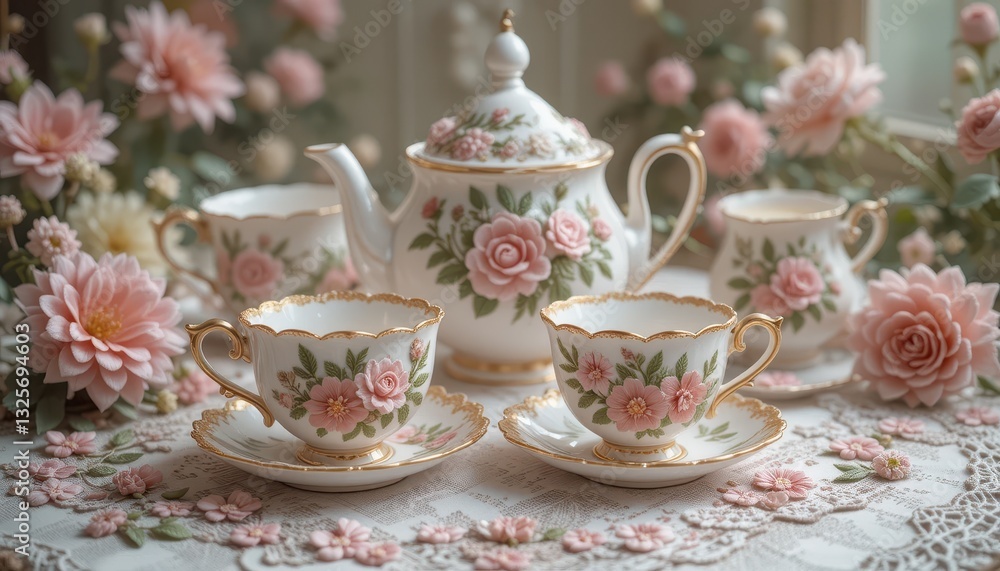 Fototapeta premium Elegant Pink Rose Tea Set with Delicate Floral Decor Beautiful Vintage Tea Party Scene