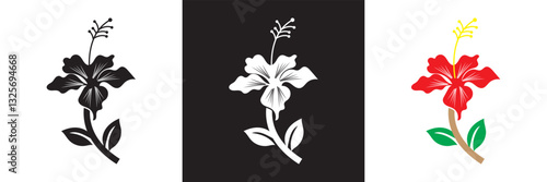 Black, white and red Hibiscus Flower icon. A Simple, Elegant Design Ideal for Beauty, Nature, or Floral-related Branding Projects. Vector illustration. isolated on white and black background. EPS 10