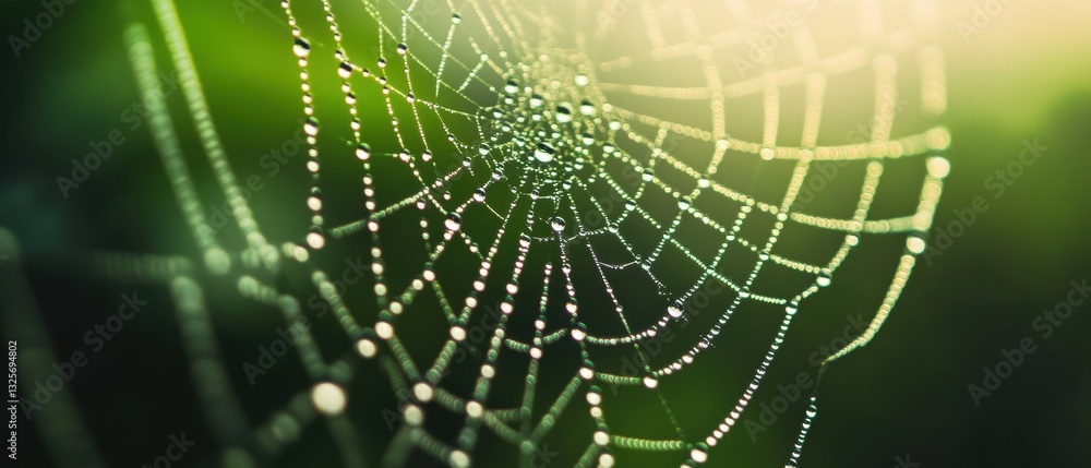 Naklejka premium Close-up of a Dewy Spider Web Glimmering in the Morning Light with a Soft Green Background and Sparkling Water Droplets