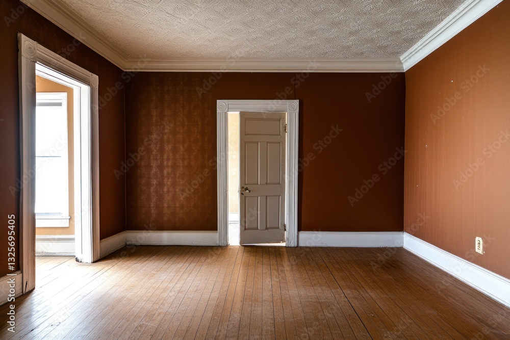 Fototapeta premium Empty room with brown walls, wooden floors, and open doorways.