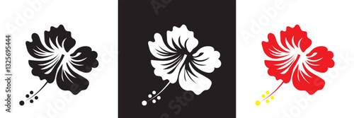 Black, white and red Hibiscus Flower icon. A Simple, Elegant Design Ideal for Beauty, Nature, or Floral-related Branding Projects. Vector illustration. isolated on white and black background. EPS 10
