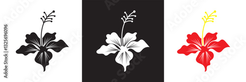 Black, white and red Hibiscus Flower icon. A Simple, Elegant Design Ideal for Beauty, Nature, or Floral-related Branding Projects. Vector illustration. isolated on white and black background. EPS 10