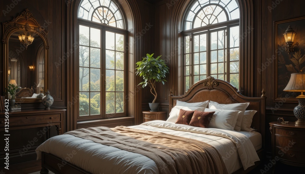 Obraz premium Luxurious Master Bedroom Interior Design with Large Windows and Wooden Furnishings