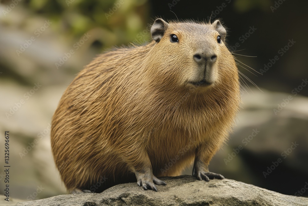Charming Capybara in Tropical Setting: Adorable Wild Rodent with Soft Brown Fur Charming Capybara in Tropical Setting: Adorable Wild Rodent with Soft Brown Fur