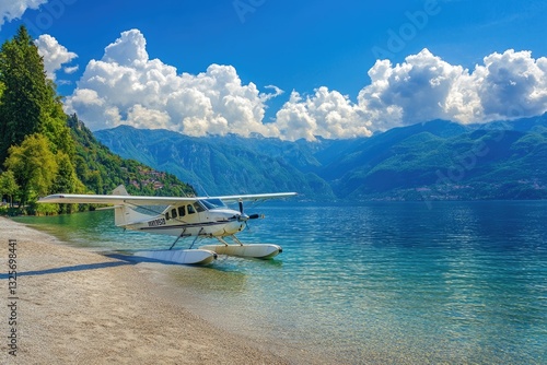 Float Plane Anchored at the Serene Shores of Lake Como, Embraced by the Stunning Alps and Radiant Blue Skies