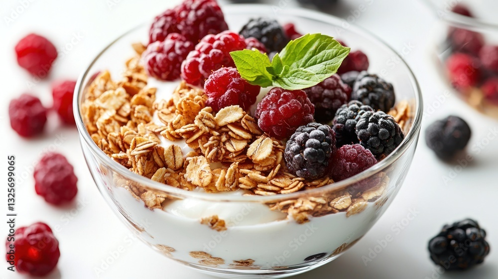 A glass bowl contains granola yogurt and various berries A glass bowl contains granola yogurt and various berries