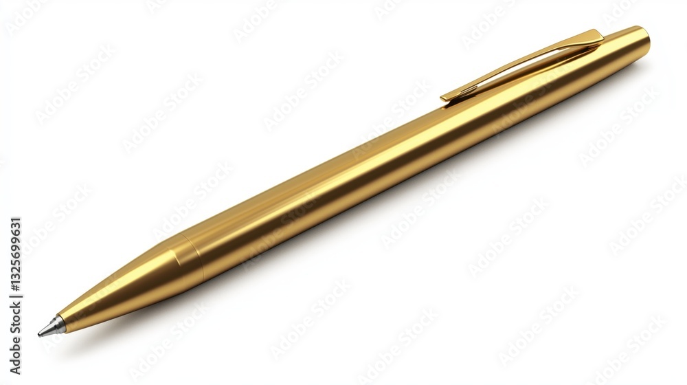 A gold-colored ballpoint pen, smooth and glossy, angled slightly downward on a pure white background A gold-colored ballpoint pen, smooth and glossy, angled slightly downward on a pure white background