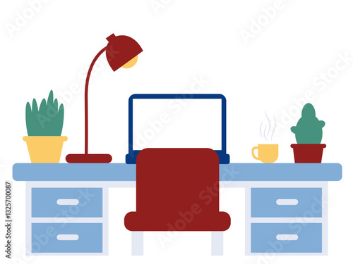 Workplace with laptop, lamp, coffee cup and plants. Flat style vector illustration.