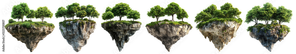 Fototapeta premium Set of floating islands with lush green trees and rocks, isolated on transparent cutout background