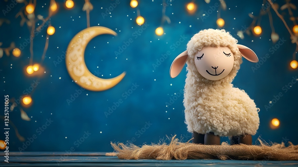 Fototapeta premium Peaceful Night, Adorable Lamb Under Crescent Moon
