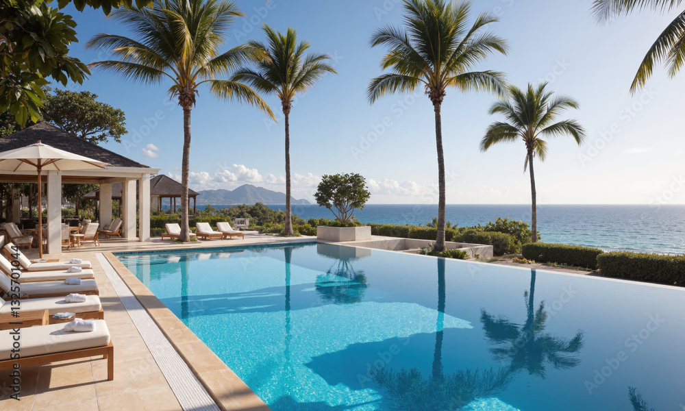 Luxury Resort Pool, Crystal Clear Water, Relaxing Lounge, Ocean View A luxury resort pool with crystal-clear water reflecting the sun, comfy lounge chairs Luxury Resort Pool, Crystal Clear Water, Relaxing Lounge, Ocean View A luxury resort pool with crystal-clear water reflecting the sun, comfy lounge chairs