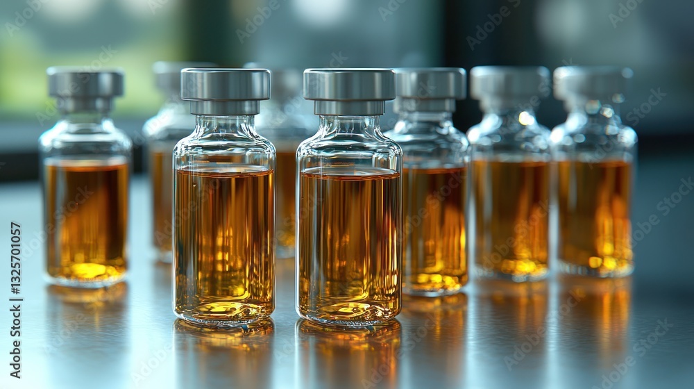 Several vials filled with brown liquid are neatly arranged together Several vials filled with brown liquid are neatly arranged together